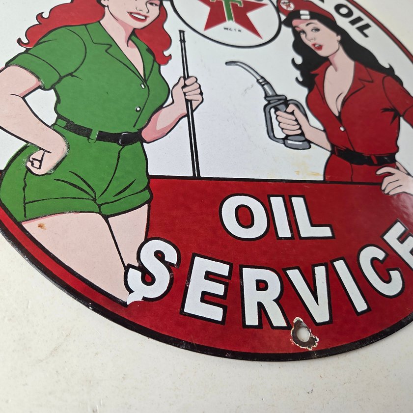 Vintage Texaco Gasoline Sign - Lets Check Gas Attendants Porcelain Pump Sign - Image 6