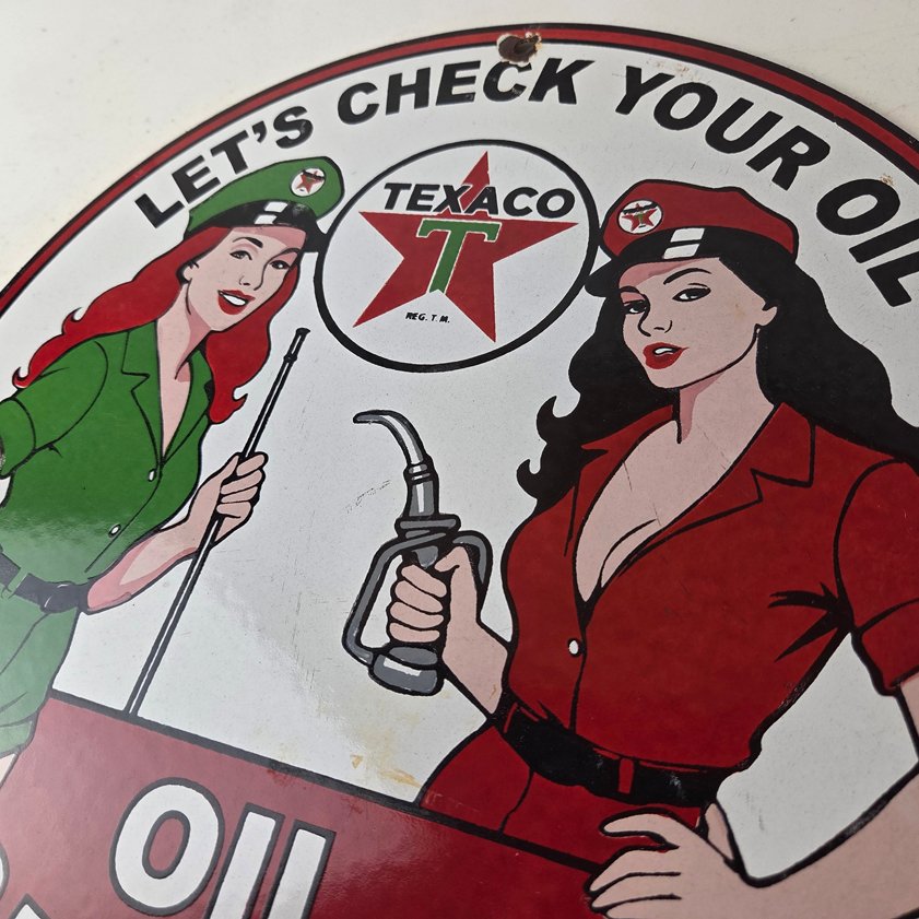 Vintage Texaco Gasoline Sign - Lets Check Gas Attendants Porcelain Pump Sign - Image 11