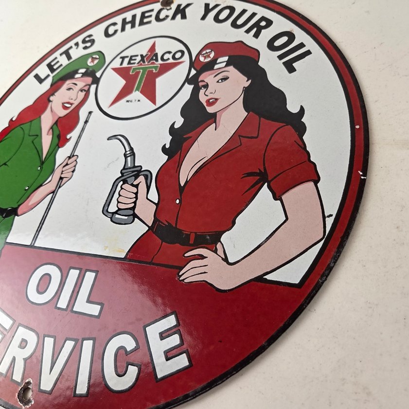Vintage Texaco Gasoline Sign - Lets Check Gas Attendants Porcelain Pump Sign - Image 12