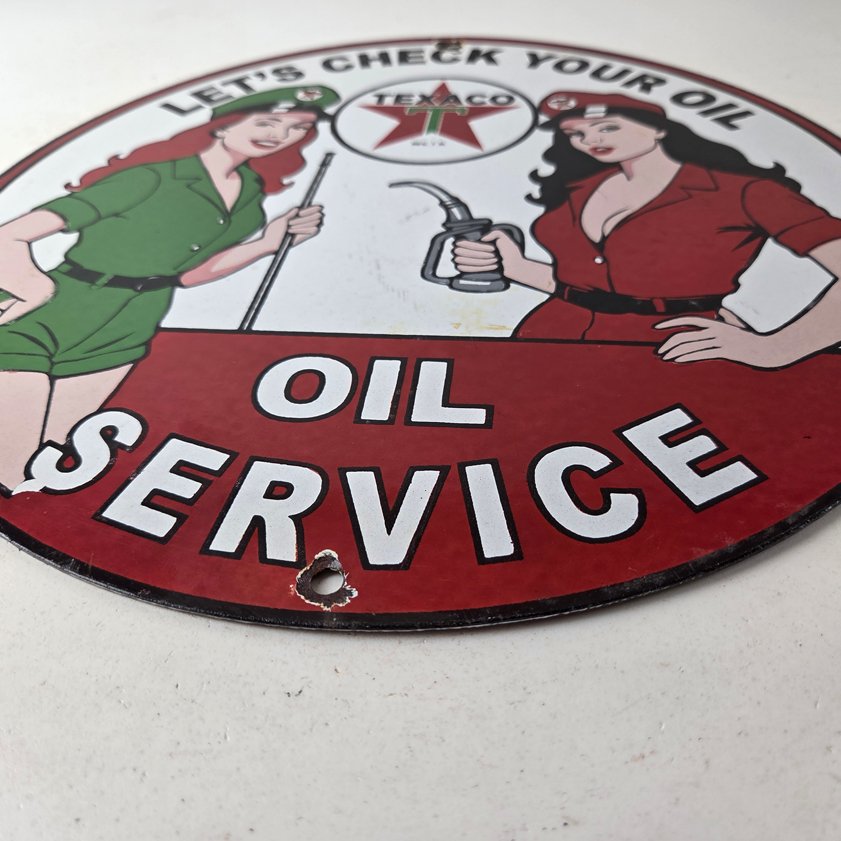 Vintage Texaco Gasoline Sign - Lets Check Gas Attendants Porcelain Pump Sign - Image 10