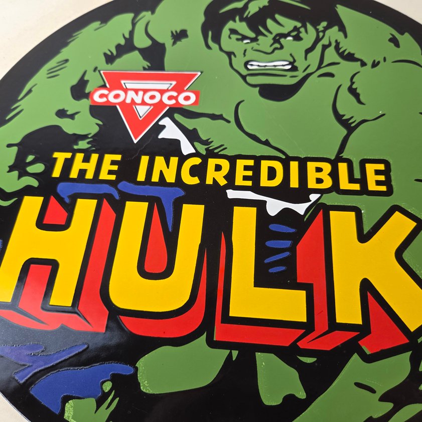 Vintage Conoco Incredible Hulk Porcelain Sign - Marvel Gas Station Sign - Image 3
