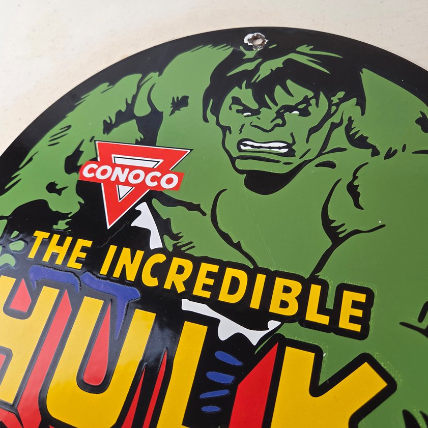 Vintage Conoco Incredible Hulk Porcelain Sign - Marvel Gas Station Sign - Image 11