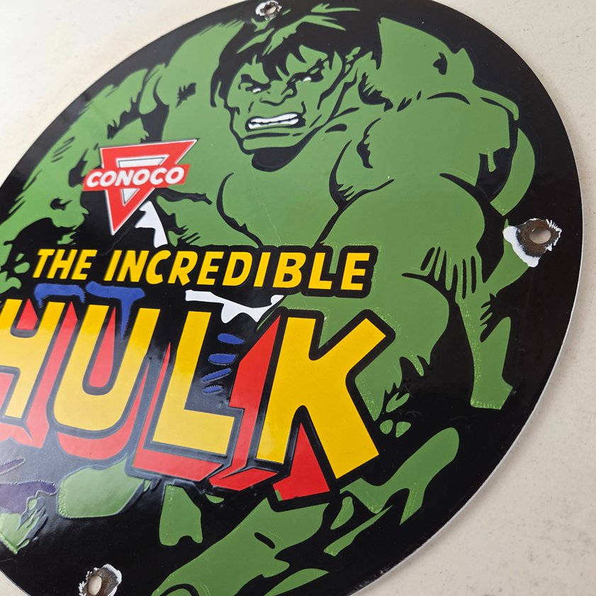 Vintage Conoco Incredible Hulk Porcelain Sign - Marvel Gas Station Sign - Image 12