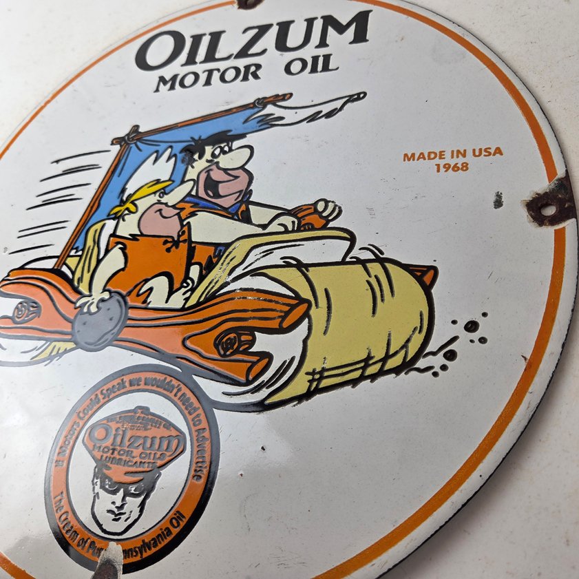 Vintage Oilzum Motor Oils Sign - Flintstones Porcelain Advertising Gas Pump Sign - Image 10