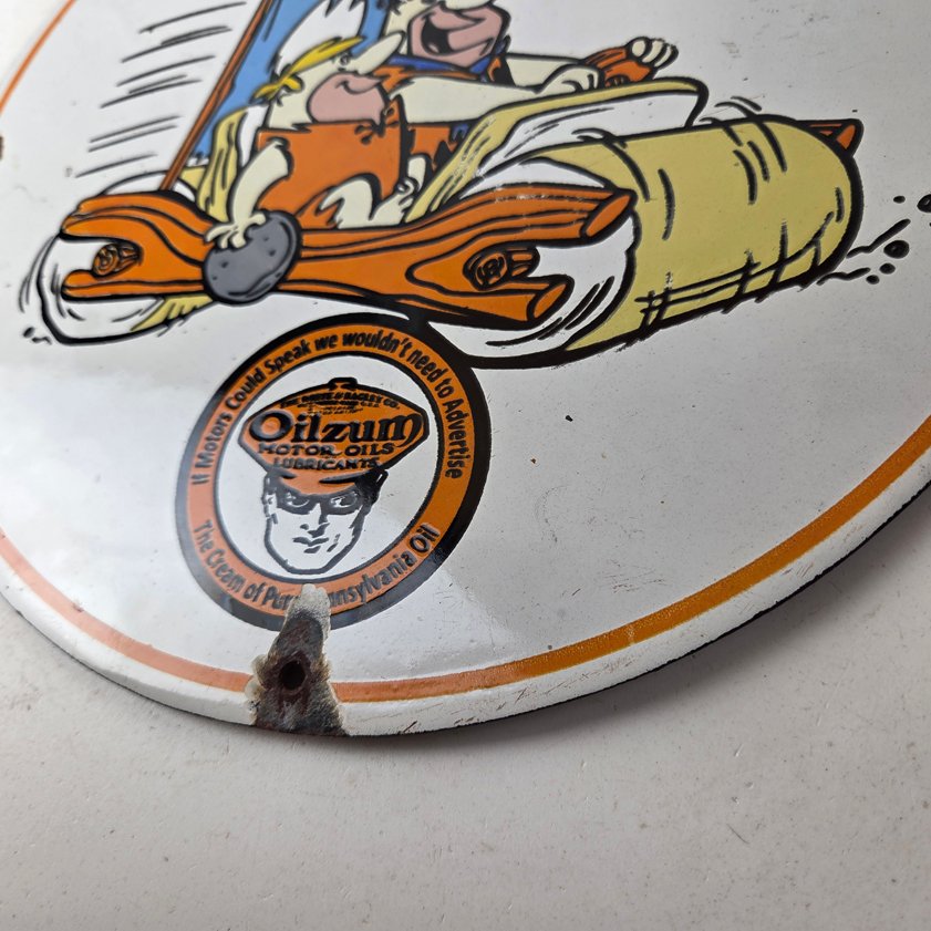 Vintage Oilzum Motor Oils Sign - Flintstones Porcelain Advertising Gas Pump Sign - Image 11