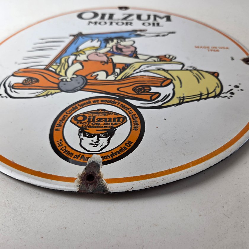 Vintage Oilzum Motor Oils Sign - Flintstones Porcelain Advertising Gas Pump Sign - Image 9