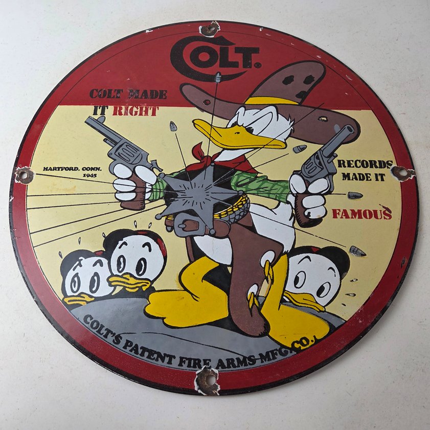 Vintage Colt Fire Arms Sign - Donald Duck Revolvers Pistols Guns Gas Pump Sign - Image 14