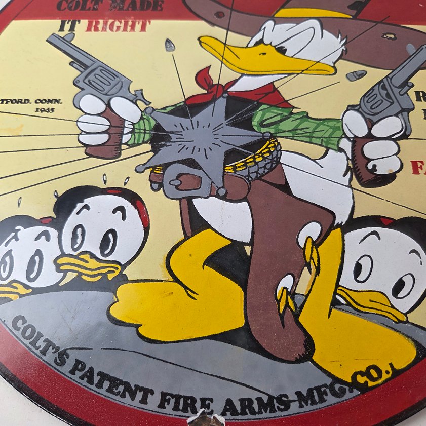 Vintage Colt Fire Arms Sign - Donald Duck Revolvers Pistols Guns Gas Pump Sign - Image 3