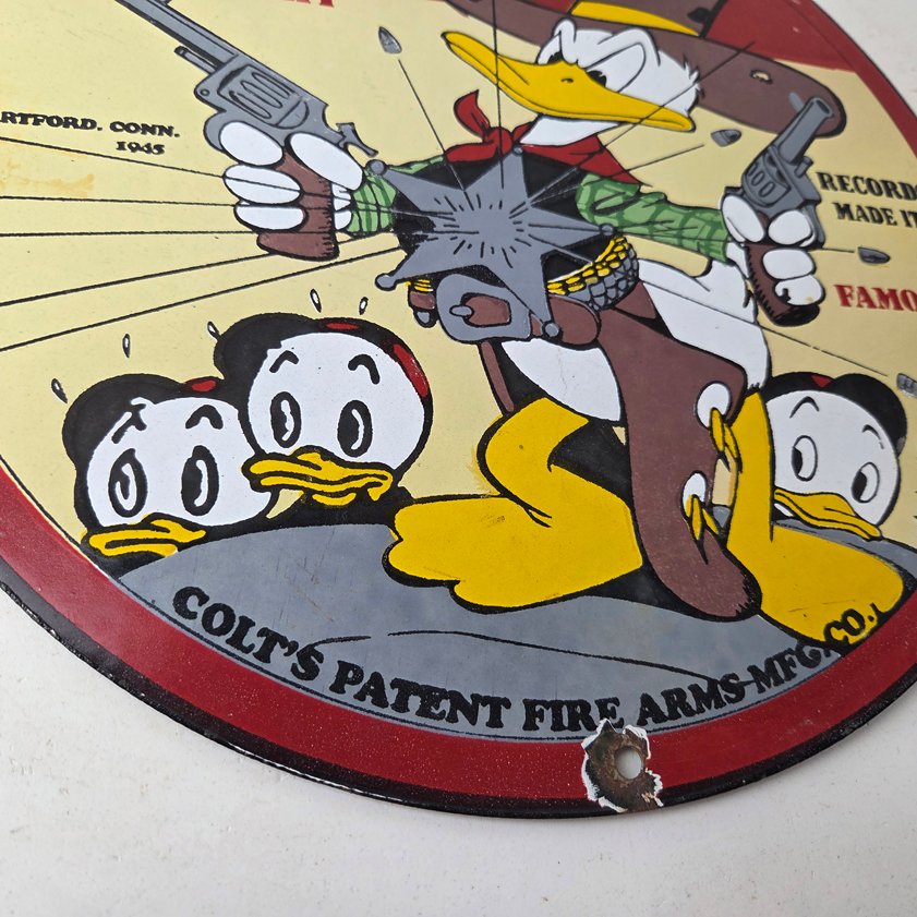 Vintage Colt Fire Arms Sign - Donald Duck Revolvers Pistols Guns Gas Pump Sign - Image 11