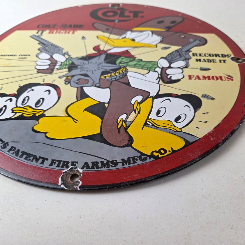 Vintage Colt Fire Arms Sign - Donald Duck Revolvers Pistols Guns Gas Pump Sign - Image 4