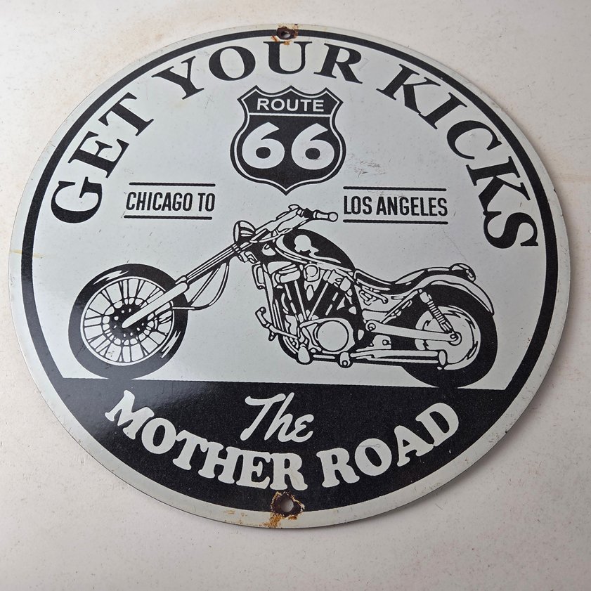 Vintage US Route 66 Sign - Porcelain Motorcycle Kicks on 66 Gas Pump Sign - Image 13
