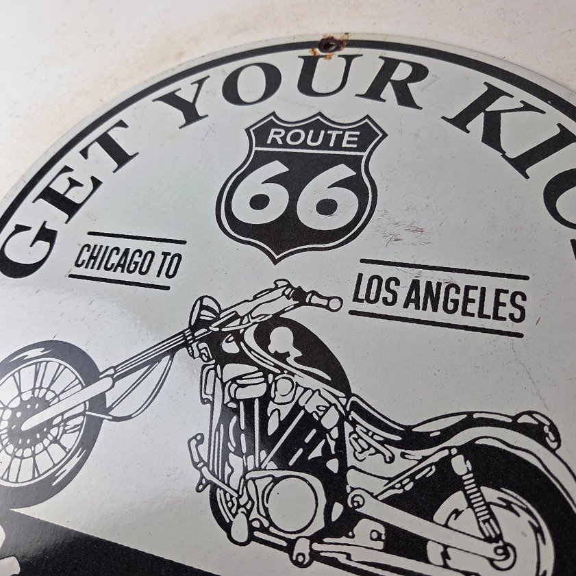 Vintage US Route 66 Sign - Porcelain Motorcycle Kicks on 66 Gas Pump Sign - Image 4