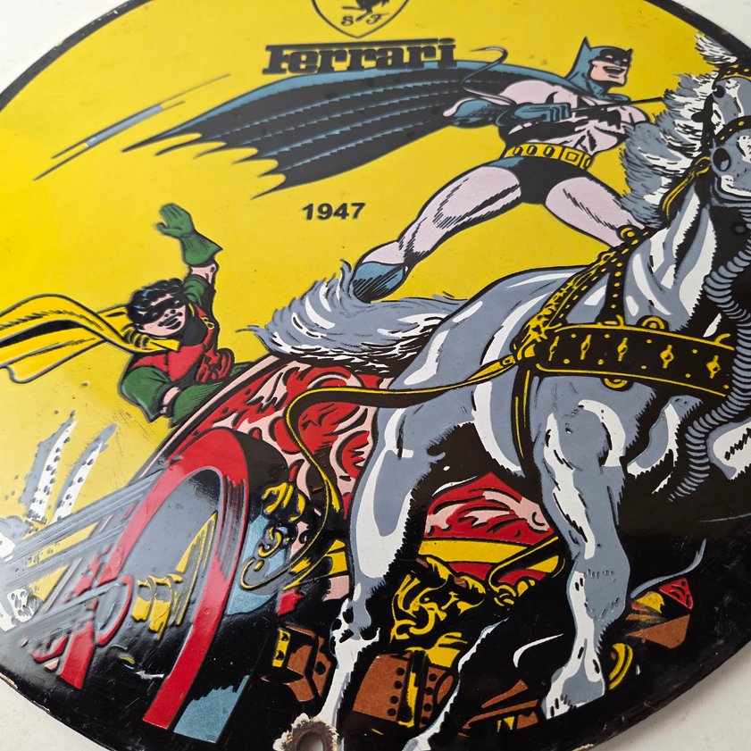 Vintage Ferrari Sign - Batman Robin DC Comics Gas Auto Porcelain Ad Sign - Image 2