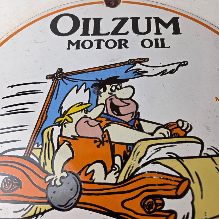 Vintage Oilzum Motor Oils Sign - Flintstones Porcelain Advertising Gas Pump Sign - Image 2