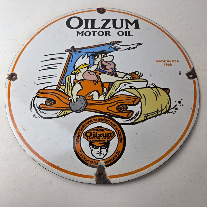 Vintage Oilzum Motor Oils Sign - Flintstones Porcelain Advertising Gas Pump Sign - Image 14
