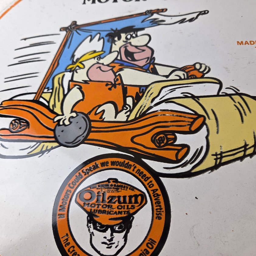 Vintage Oilzum Motor Oils Sign - Flintstones Porcelain Advertising Gas Pump Sign - Image 3