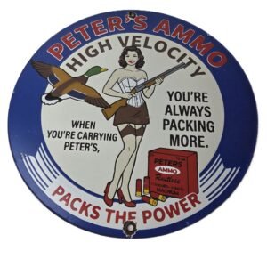 Vintage Peters Packs Power Sign - Firearm Rifles Shotgun Gas Pump Porcelain Sign
