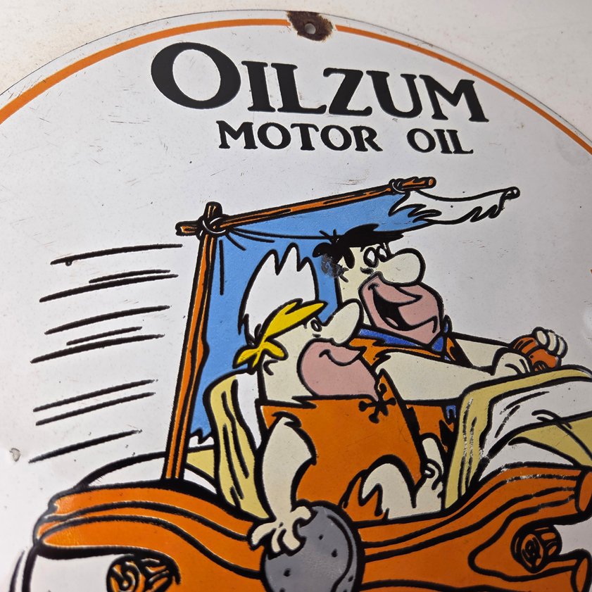 Vintage Oilzum Motor Oils Sign - Flintstones Porcelain Advertising Gas Pump Sign - Image 5