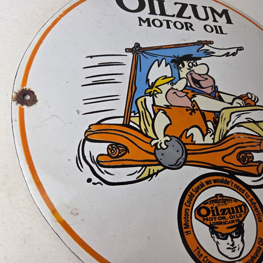 Vintage Oilzum Motor Oils Sign - Flintstones Porcelain Advertising Gas Pump Sign - Image 4