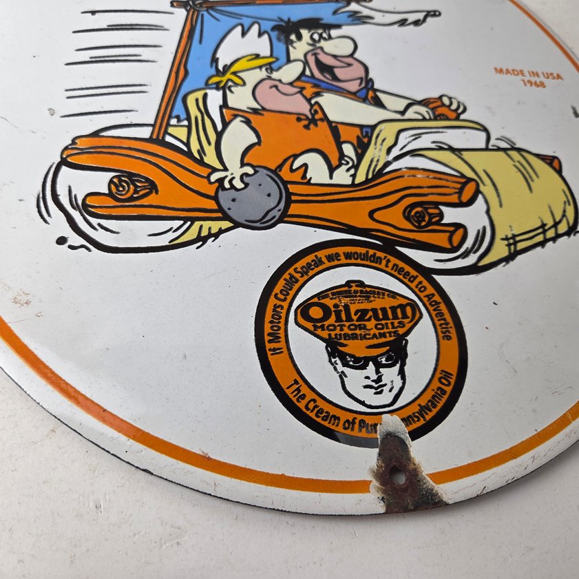 Vintage Oilzum Motor Oils Sign - Flintstones Porcelain Advertising Gas Pump Sign - Image 13