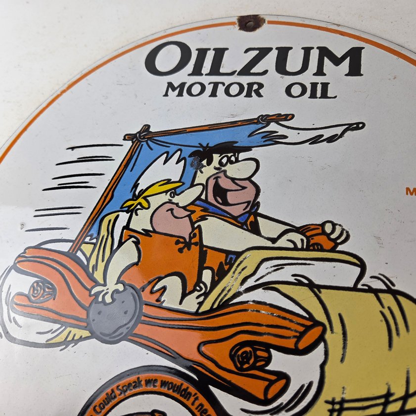 Vintage Oilzum Motor Oils Sign - Flintstones Porcelain Advertising Gas Pump Sign - Image 12