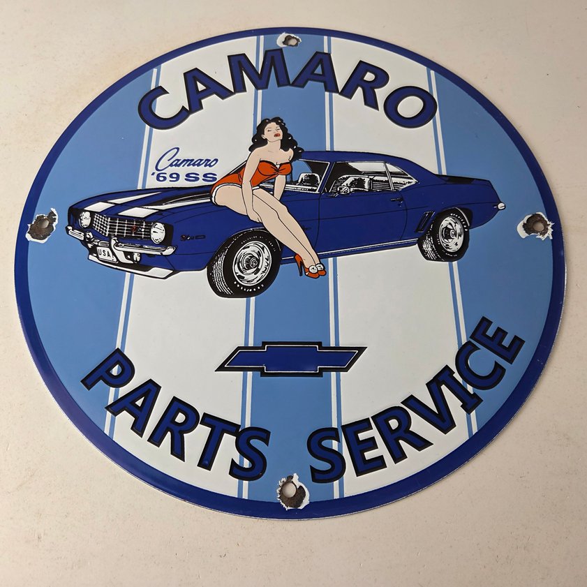Vintage Chevrolet Sign - Porcelain Camaro 69 SS Gas Pump Auto Pinup Girl Sign - Image 14