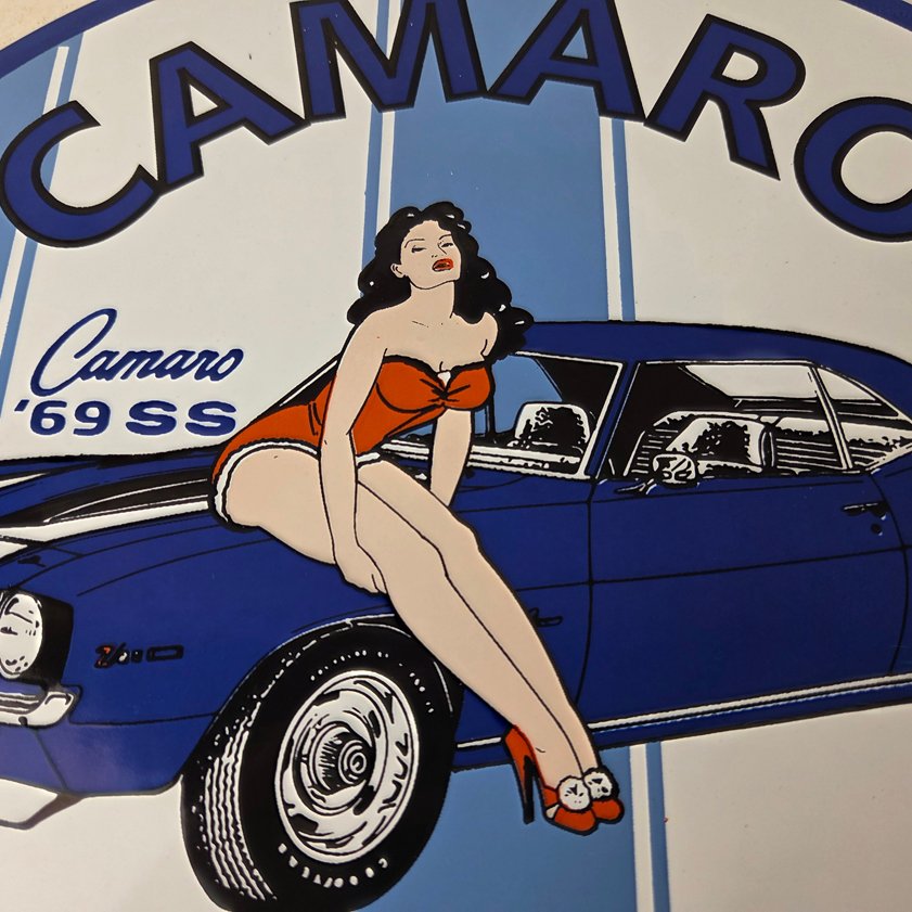 Vintage Chevrolet Sign - Porcelain Camaro 69 SS Gas Pump Auto Pinup Girl Sign - Image 2