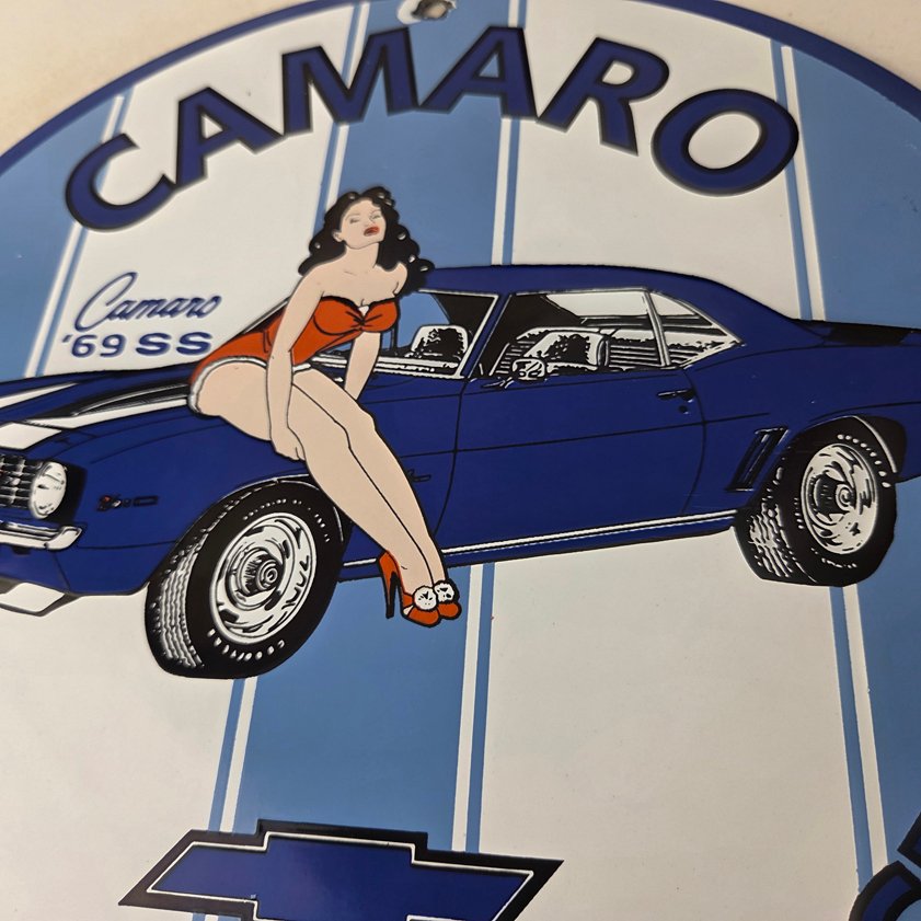 Vintage Chevrolet Sign - Porcelain Camaro 69 SS Gas Pump Auto Pinup Girl Sign - Image 3