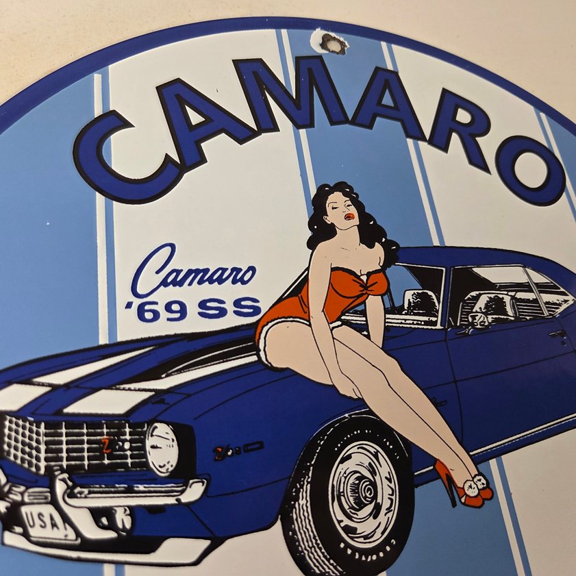 Vintage Chevrolet Sign - Porcelain Camaro 69 SS Gas Pump Auto Pinup Girl Sign - Image 4