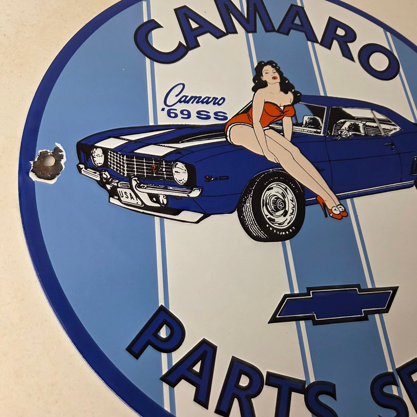 Vintage Chevrolet Sign - Porcelain Camaro 69 SS Gas Pump Auto Pinup Girl Sign - Image 5