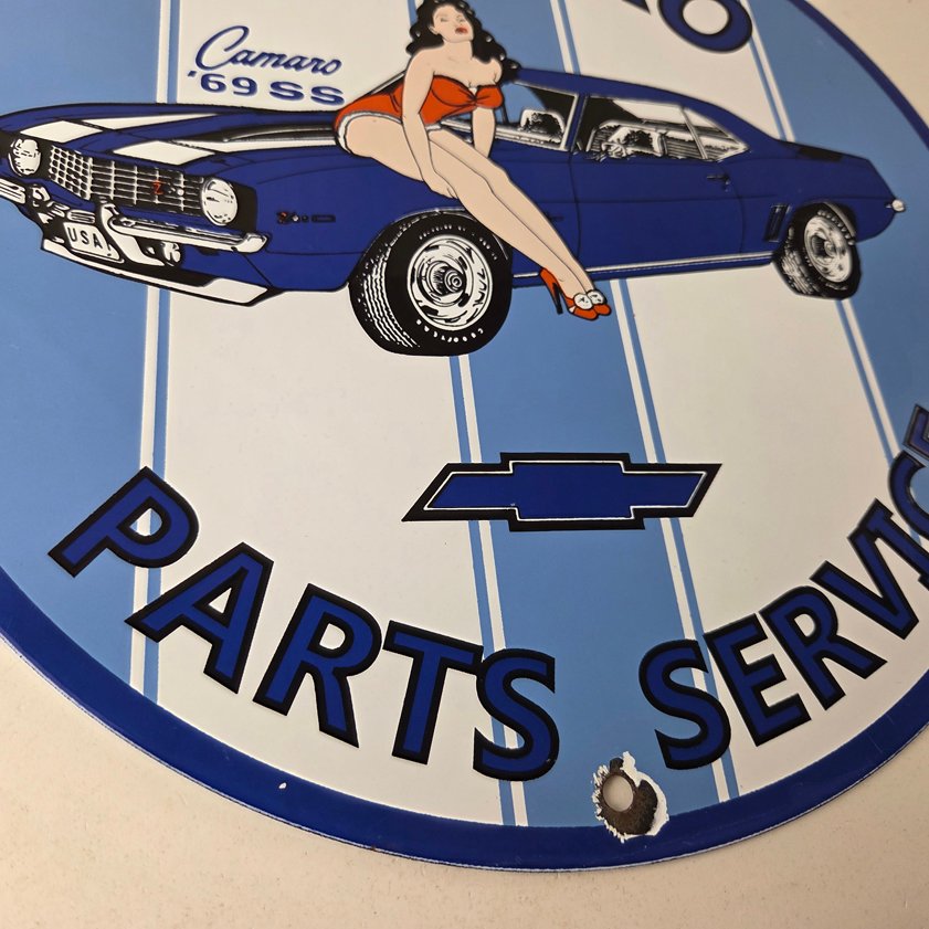 Vintage Chevrolet Sign - Porcelain Camaro 69 SS Gas Pump Auto Pinup Girl Sign - Image 6