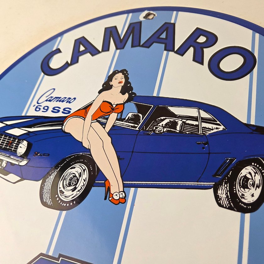 Vintage Chevrolet Sign - Porcelain Camaro 69 SS Gas Pump Auto Pinup Girl Sign - Image 11