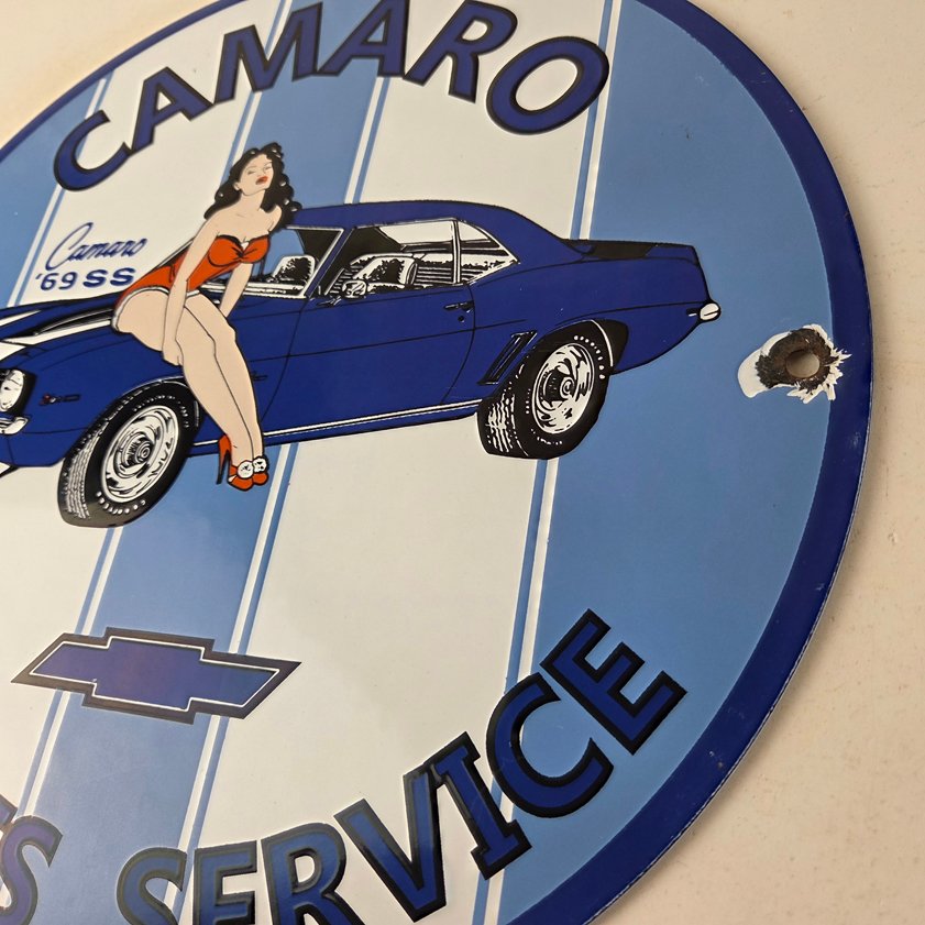 Vintage Chevrolet Sign - Porcelain Camaro 69 SS Gas Pump Auto Pinup Girl Sign - Image 12