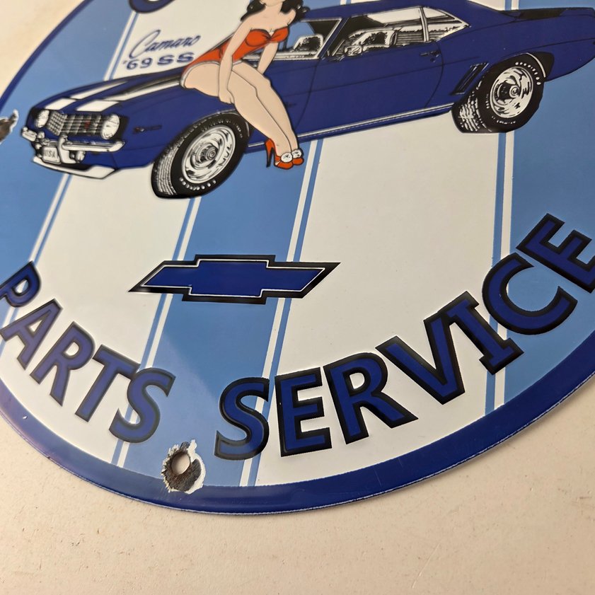 Vintage Chevrolet Sign - Porcelain Camaro 69 SS Gas Pump Auto Pinup Girl Sign - Image 13