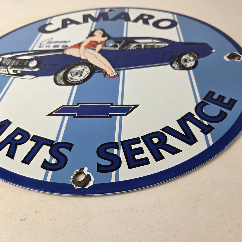 Vintage Chevrolet Sign - Porcelain Camaro 69 SS Gas Pump Auto Pinup Girl Sign - Image 10