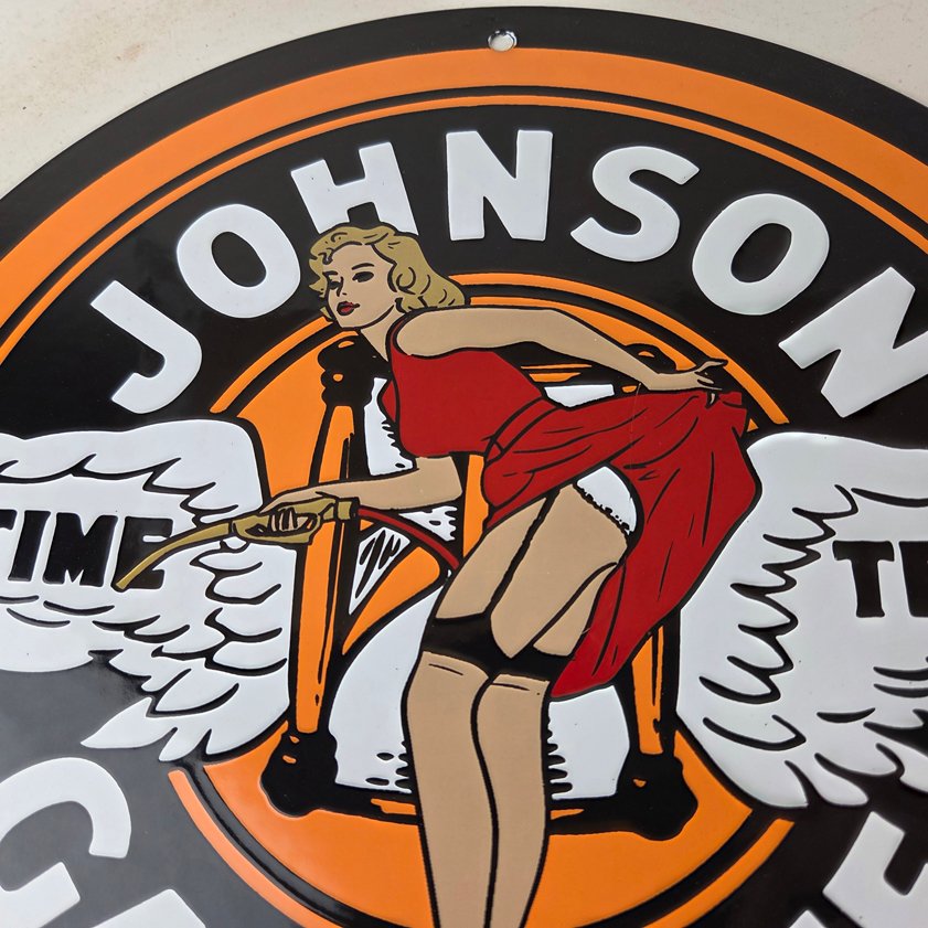 Vintage Johnson Gasoline Sign - Time Tells Gas Oil Pump Plate Porcelain Sign - Image 2