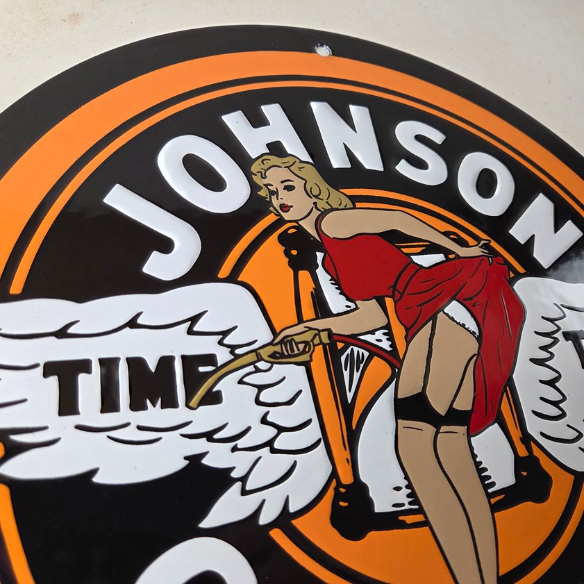 Vintage Johnson Gasoline Sign - Time Tells Gas Oil Pump Plate Porcelain Sign - Image 4