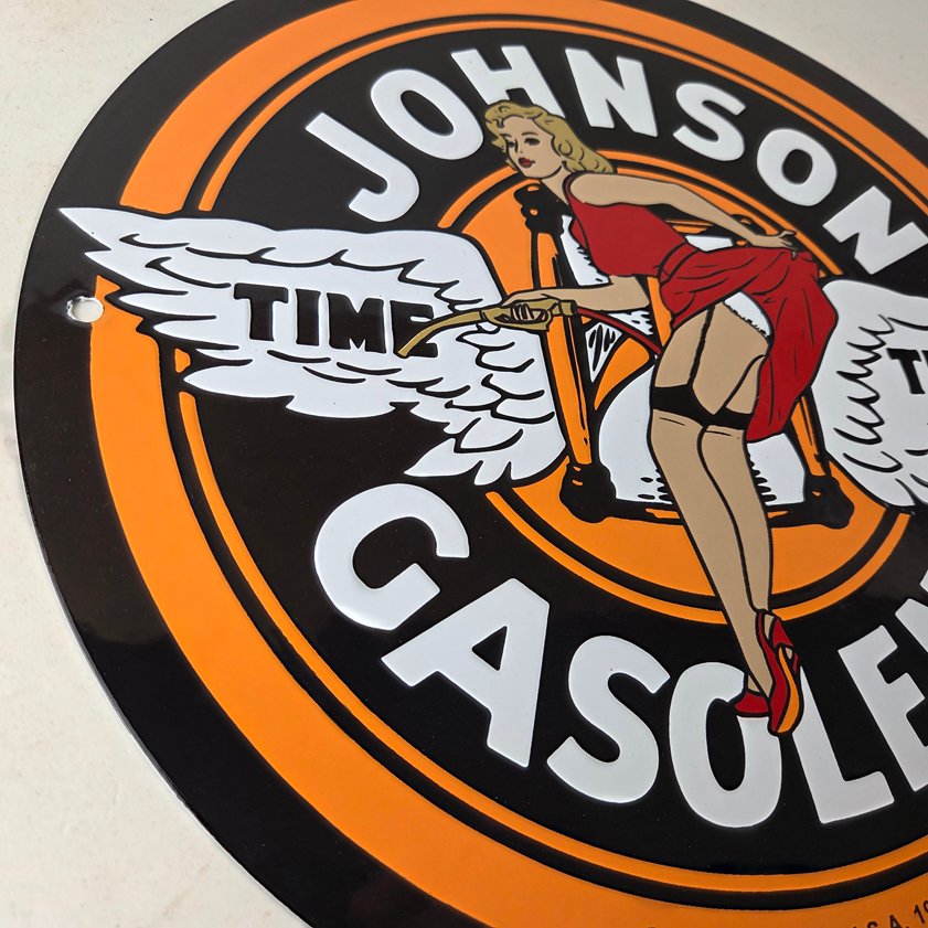 Vintage Johnson Gasoline Sign - Time Tells Gas Oil Pump Plate Porcelain Sign - Image 5