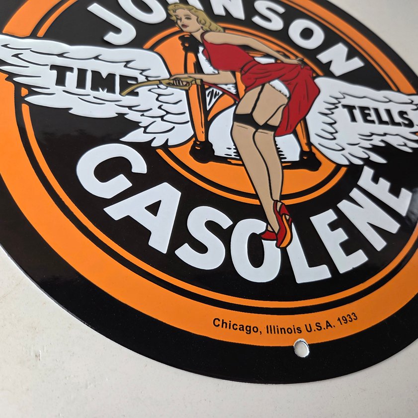 Vintage Johnson Gasoline Sign - Time Tells Gas Oil Pump Plate Porcelain Sign - Image 6