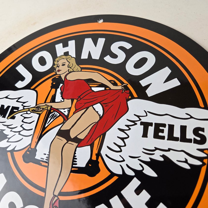 Vintage Johnson Gasoline Sign - Time Tells Gas Oil Pump Plate Porcelain Sign - Image 11
