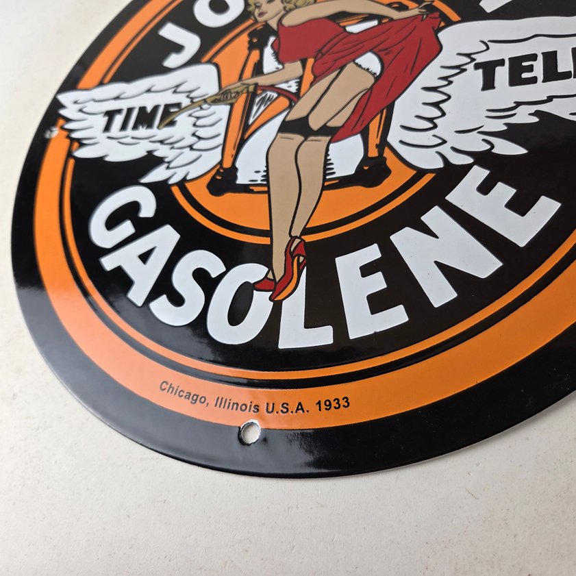 Vintage Johnson Gasoline Sign - Time Tells Gas Oil Pump Plate Porcelain Sign - Image 13