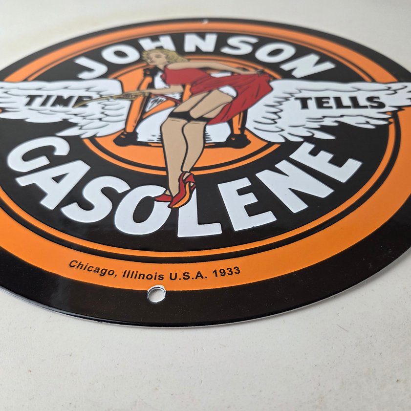 Vintage Johnson Gasoline Sign - Time Tells Gas Oil Pump Plate Porcelain Sign - Image 10