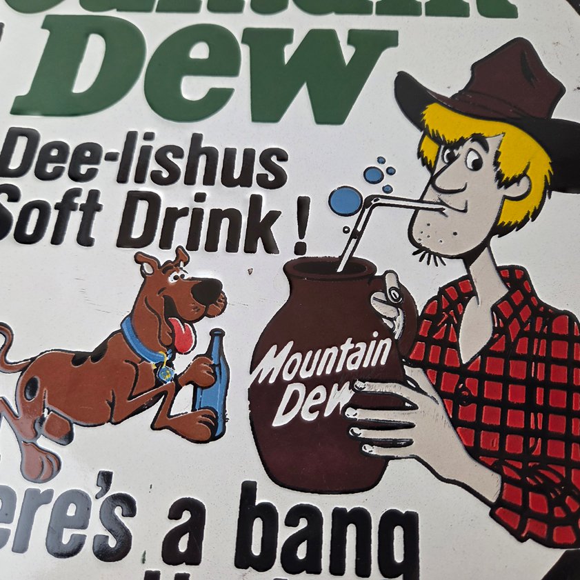 Vintage Mountain Dew Porcelain - Gas Pump Plate Soda Bottles Scooby Doo Sign - Image 2