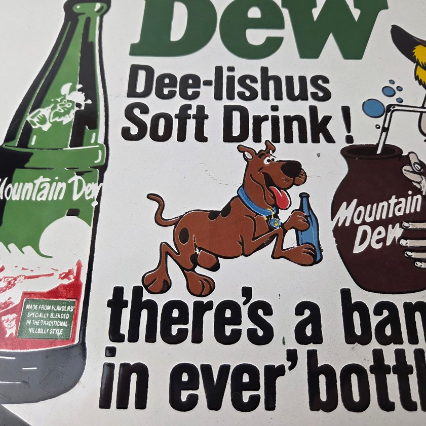 Vintage Mountain Dew Porcelain - Gas Pump Plate Soda Bottles Scooby Doo Sign - Image 3