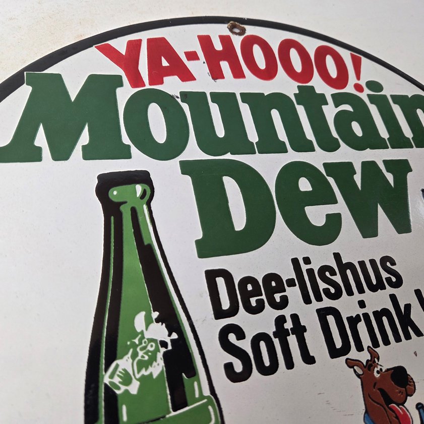 Vintage Mountain Dew Porcelain - Gas Pump Plate Soda Bottles Scooby Doo Sign - Image 4