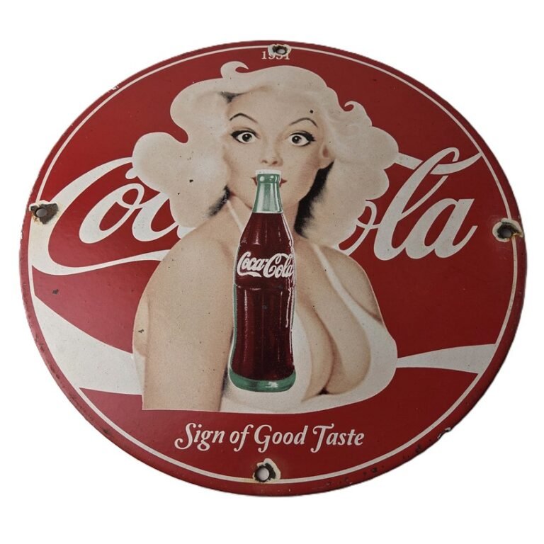 Round red Coca-Cola porcelain sign with a glossy fired enamel finish, porcelain vs tin signs