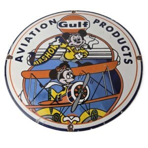 Vintage Gulf Aviation Mickey Minnie Porcelain Sign - Disney Airshow Sign