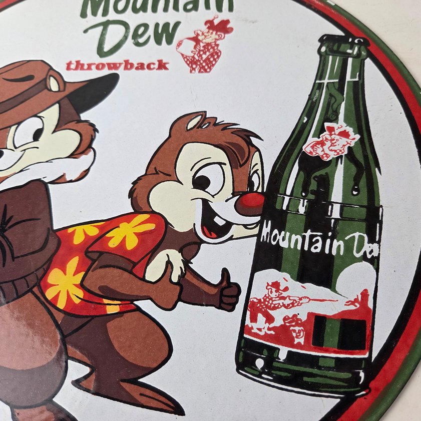 Vintage Mountain Dew Porcelain - Gas Pump Plate Soda Bottles Chip and Dale Sign - Image 3