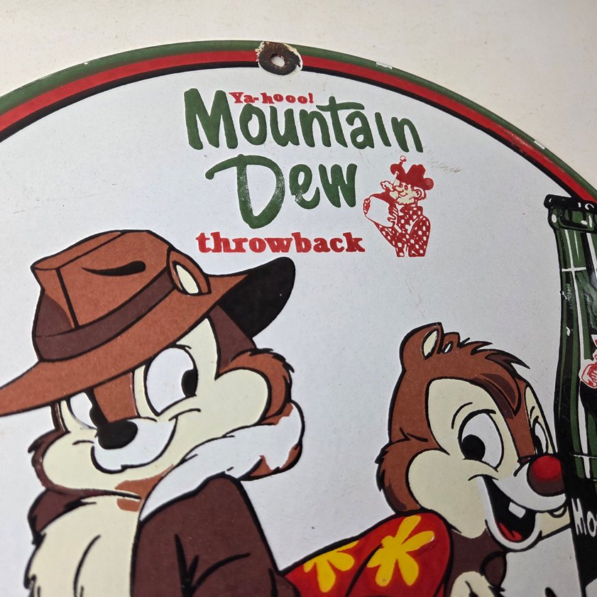 Vintage Mountain Dew Porcelain - Gas Pump Plate Soda Bottles Chip and Dale Sign - Image 4