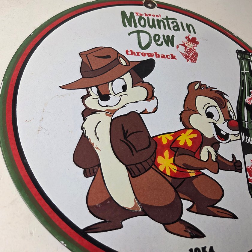 Vintage Mountain Dew Porcelain - Gas Pump Plate Soda Bottles Chip and Dale Sign - Image 5